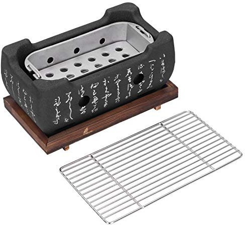Elegante mini griglia giapponese a carbonella in lega di alluminio, versatile fornello portatile per barbecue con rete e base in legno, per uso interno ed esterno, ideale per barbecue Yakitori e