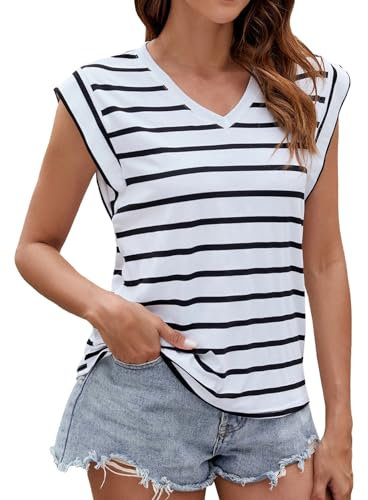 Meilleur Vente Soldes Femme HUIFUAO T-Shirts pour Femmes T-Shirt rayé débardeur pour Femmes Hauts sans Manches pour Femmes col Rond d'été élégant Blanc t-Shirts pour Femmes, Z03 Bleu, XXL