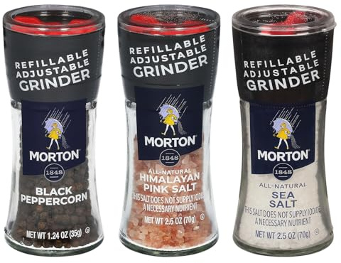 Morton Lot de 3 moulins à sel rose de l'Himalaya (70,9 g), sel de mer (70,9 g) et poivre noir (34 g), broyeurs réglables et rechargeables, parfaits pour la cuisine, l'assaisonnement et la finition