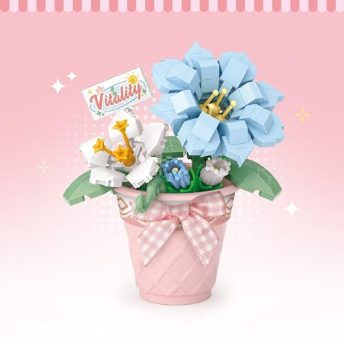 MEIEST Mini Flower Succulent Bonsai Building Blocks,Simulation Pot Plant Particle Flower Botanical Collection Construction Building Bricks Toy,Home Decors (Gentian)