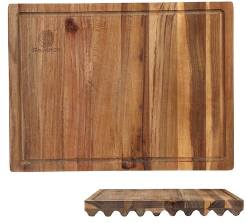 REVENCO - Tabla de cortar y servir de madera de acacia de origen sostenible con ranura para jugos. Diseño único con base ondulada, 2.5KG y medidas 40 x 30 x 4 cm. Tabla de cocina profesional