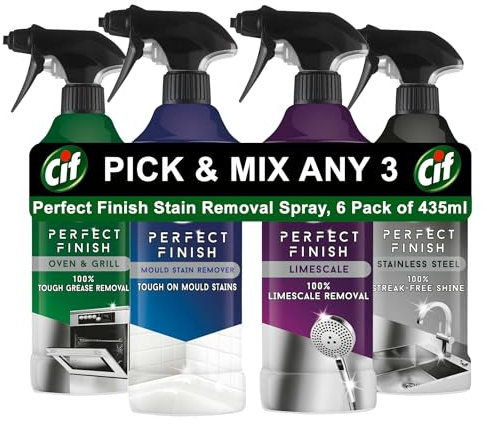 Pick and Mix Any 3 Cif Perfect Finish 100% Tough Stain Removal Spray for Stainless Steel, Anti Limescale, Oven & Grill or Anti Mould Effective Degreaser for Kitchen and Outdoor, 6x435ml
