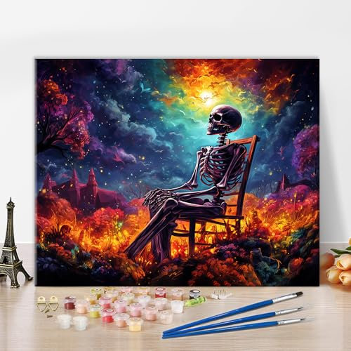 TISHIRON Paint by Numbers for Adults Skeleton, DIY Paint by Number Kits on Canvas Halloween, Oil Painting for Adults Colorful Sky, Paint by Number with Brushes Art Crafts 16x20(Frameless)