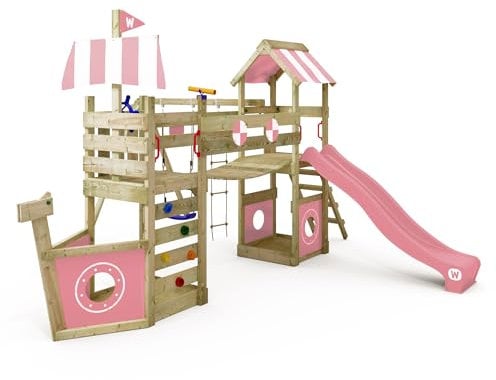 WICKEY Spielturm Klettergerüst StormFlyer mit Schaukel & Rutsche, Outdoor Kinder Kletterturm mit Sandkasten, Leiter & Spiel-Zubehör für den Garten (Pastellpink)