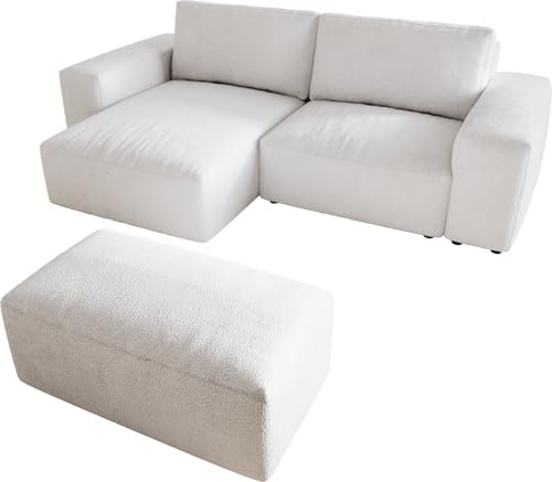 DELIFE Eckcouch Lanzo Bouclé Creme-Weiß 230x155 cm Recamiere variabel mit Hocker
