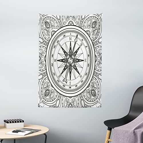 ABAKUHAUS Kompass Wandteppich, Windrose Linie Kunststil, Wohnzimmer Schlafzimmer Heim Seidiges Satin Wandteppich, 100 x 150 cm, Weiß Schwarz