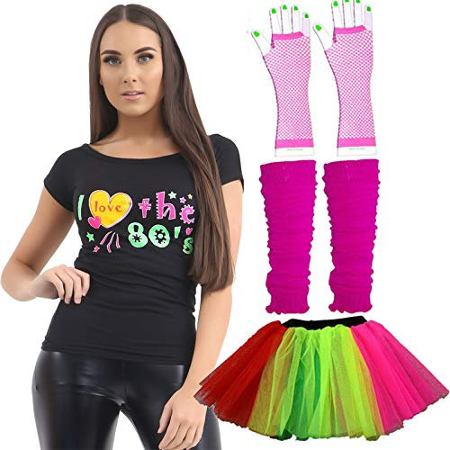 labreeze Ladies Purple Tutu T-shirt Gloves Leg Warmers 80’s Neon Festival Fancy Dress Set (Rainbow, Large)
