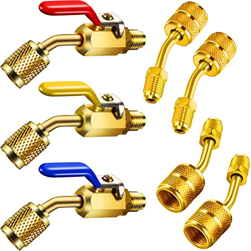 Mudder 7 Pcs Air Conditioning Refrigerant Compact Ball Valve 1/4 Inch for R410A R134A R12 R22 HVAC Adapter 5/16Inch Female to 1/4Inch Male(Gold,3 Angle Ball Valve, 4 Angle Adapter)