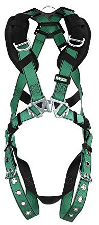 MSA 10197219 V-Form Full Body Safety Harness - Size: Standard (Medium), D-Ring Configuration: Back/Shoulder, Tongue Buckle Leg Straps, Color: Green, Full Body Harness, Durable