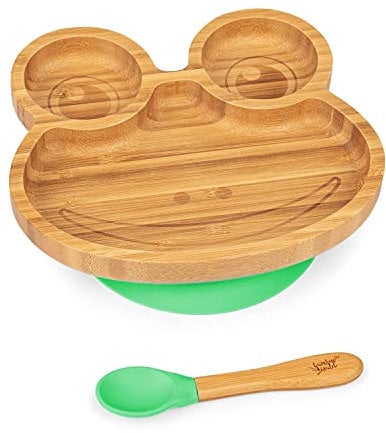 bambuswald© Vaisselle pour bébés et jeunes enfants - vaisselle grenouille cuillère assiette et bol pour enfants - Durable et écologique | Ensemble petit-déjeuner pour enfants assiette à ventouse