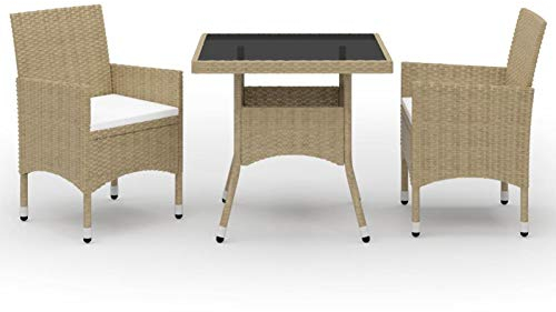 Tidyard 3-TLG. Garten-Essgruppe mit 1Esstisch und 2 Sessel Gartensitzgruppe Gartenset Balkonmöbel Terrassenmöbel Aussen und Innen Essset Beige Poly Rattan und Glas