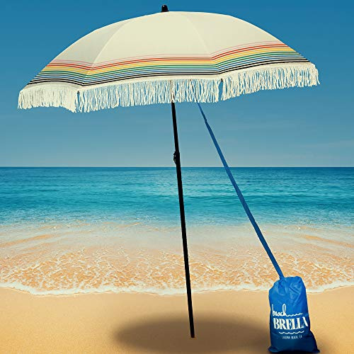 Beach Umbrella for Sand –Windproof with Sand Anchor Bag, Portable, Fringe, Denim Bag, Features Pointed Bottom,100% UV Sun Protection, Bahama Strand