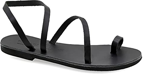 38 Schwarz Emmanuela Zehenring Sandalen aus Leder, hochwertige handgefertigte Slingback Sommerschuhe, Riemchen sandalen mit Knöchelmanschette, flache griechische Sandalen