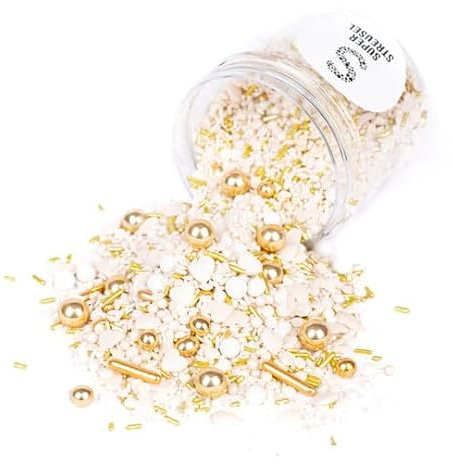 Super Streusel Schickeria (180g) | Streusel Gold Essbar | Gold Perlen Essbar | Zuckerstreusel Gold Weiß für Kuchen Kekse Torte uvm. | Zutaten aus der EU | Gold Deko Essbar | Ohne AZO-Farbstoffe (180g)