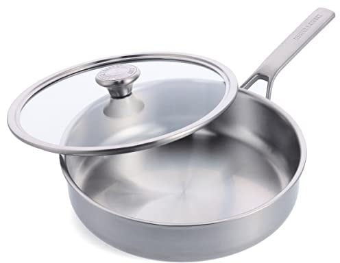 Merten & Storck Tri-Ply 18/10 Dreifach-Edelstahl Schmorpfanne mit Deckel, 26 cm/3,4 l, Induktion, Multi Clad, Backofen sicher, Metall Utensilien sicher, Ofen & Spülmaschinenfest, Silber