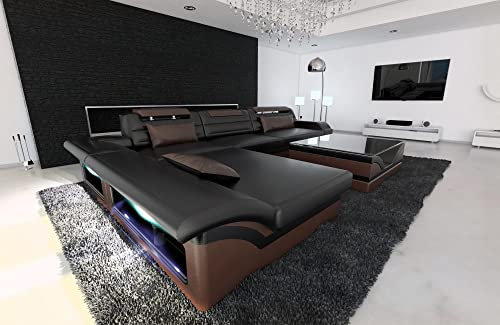 Ecksofa Monza L Form Ledersofa Sofa - mit LED Beleuchtung, verstellbare Kopfstützen, Recamiere/Lederfarben wählbar/Ausrichtung wählbar (Ottomane Links, Schwarz-Dunkelbraun)