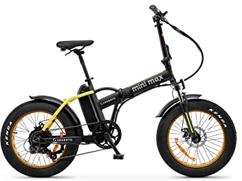 Argento Mini Max Faltbares E-Bike, 20 x 4 fette Räder, mechanische Scheibenbremsen, 250-W-Motor, maximal unterstütztes Gewicht 100 kg, Samsung-Akku 375 Wh, 26 kg, Schwarz/Gelb