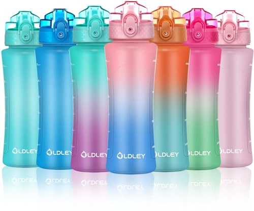 OLDLEY 450ml/15oz Water Bottle with Straw Reusable Drink Bottles with Times Markings for School Home Camping Outdoor Sports BPA Free Leakproof Durable