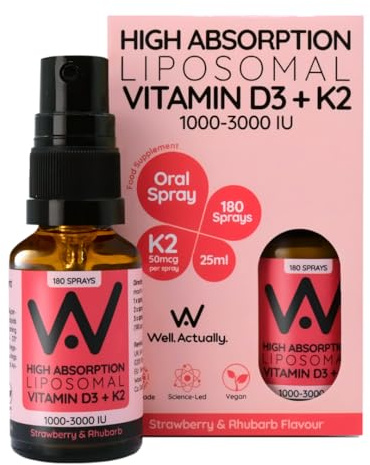 WELL ACTUALLY Liposomal Vitamin D3 2000 IU + K2 MK-7 100mcg Oral Spray | Vegan Vit D3 K2 Supplement, Immune, Bone & Muscle Support, 180 Sprays, Strawberry & Rhubarb Flavour