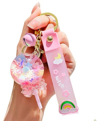 HSYHERE Girls Women Creative Beautiful Romantic Rainbow Bean Candy Snowflake Lollipop Bottle Keychain Keyrings, Moving Sand Help Relax Car Key Chain Key Ring Bag Pendant Key Holder Strap -Pink