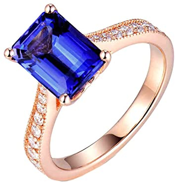 Ringe Schmuck Mädchen, Ringe Damen Breit 18 Karat (750) Rotgold mit 4ct Blau Rechteckschliff Tansanit Größe 49 (15,6)