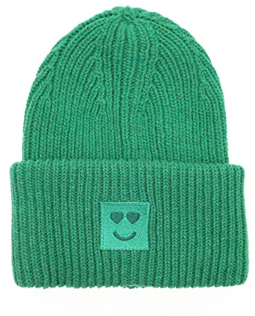 Zwillingsherz Slouch-Beanie-Mütze mit Wolle - Hochwertige Strickmütze mit Herz Smileys Patch für Damen Mädchen – Hat - Grobstrick - One Size - warm und weich für Frühling Herbst und Winter