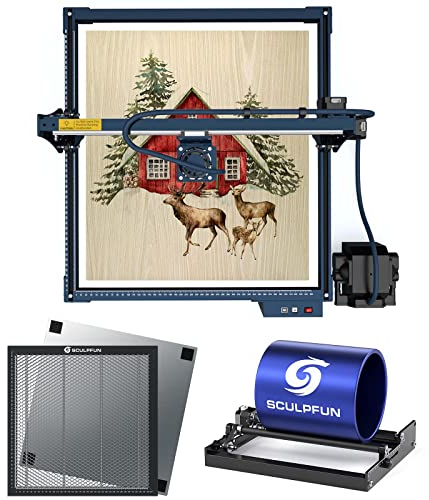SCULPFUN S30 Pro Max Laser-Graviermaschine mit Laser Honeycomb Table 400 x 400mm und Laser Rotary Roller, 20W Lasers Laser Cutter, Automatisch Kontrolle Air Assist,Farbe Skulptur Metall