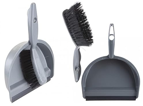 (Set of 2) Dust Pan and Brush Combo Plastic Flat Sweeper Duster Nylon Bristle Broom Portable Cleaning Brush & Dustpan Set Household Garden Indoor Outdoor Cleaning and Sweeping Scoop (Grey)