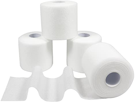 QiGui 4 Rollen Athletic Tape Foam Underwrap Bandage Foam Pre-Wrap Sports Tape für Knöchel Handgelenke Hände und Ellbogen Knie 7cm x 27m, Hautverletzungen und Kleberückstände Vermeiden (Weiß)