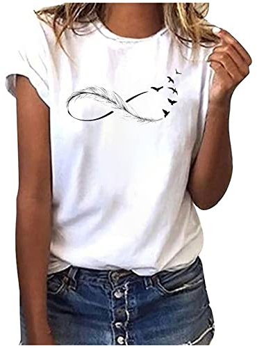 EMATOP Bluse Damen Elegant Sommer Tshirt Baumwolle Casual Oberteile Lose Rundhals Longshirt Feder Druck Sommershirts Weich Bequem Kurzarm Tee Tops Lässig Mode Tunika Streetwear für Frauen