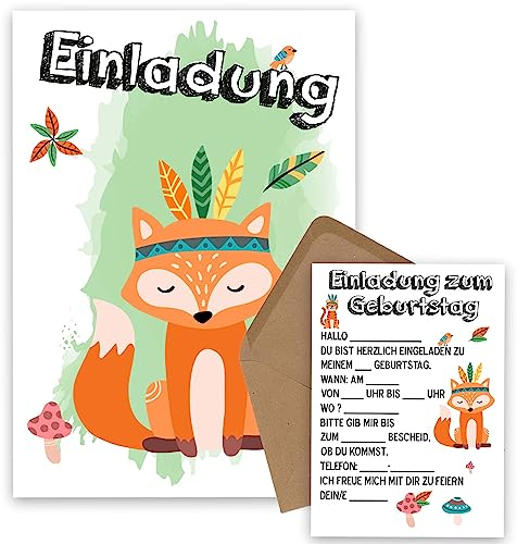 OWLBOOK Fuchs Boho 10 Einladungskarten Kindergeburtstag Junge Mädchen Kinder - Wilde Tiere Geburtstag - Kindergeburtstagseinladungen Wald Tiere Zoo Dschungel Einladungen zum Ausfüllen mit Umschläge