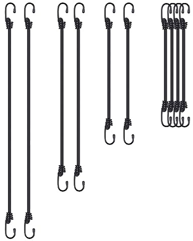 SyiXute 10 Pezzi Corde Elastiche con Gancio,Heavy Duty Bungee Corde con Ganci,Quattro Dimensioni,Gomma Espansore con Gancio Per Bici,Rastrelliere E Tende,Nero