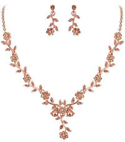Clearine Wedding Costume Jewellery Set Flower Leaf Cluster Rhiestone Pendant Necklace Dangle Earrings for Women Bridal Brides Champagne Rose Gold-Tone