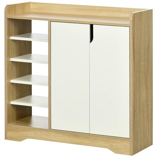 HOMCOM Shoe Cabinet with 4-tier Double Door Cupboard and 5-tier Open Shelves, 13 Pair Shoe Storage Organizer with Removable Shelves for Entryway, Hallway, Natural and White