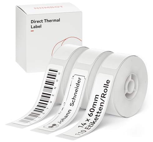 NIIMBOT Thermo Etiketten Selbstklebend, 14 x 60mm Etikettendrucker Thermopapier Kompatibel mit dem D110 D11 D101 Etikettendrucker, 110 Etiketten/Rolle (3-Rollen-Pack, Weiß)