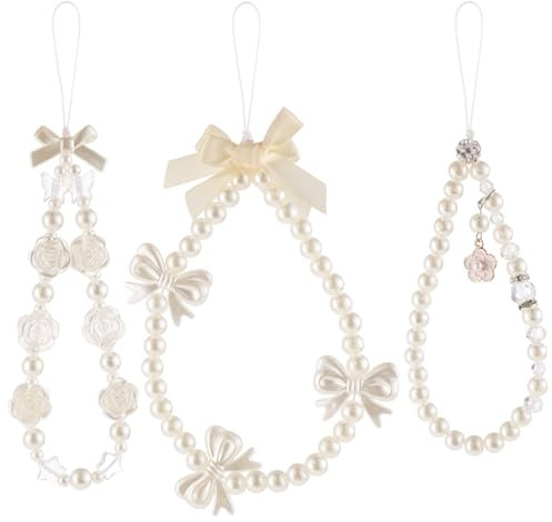 Mabor 3Pcs Beaded Phone Bracelet Strap, Cute Butterfly Bow Phone Charm for Women Bow White Pearl Strap Chain Wrist Lanyard Chain for Keychain