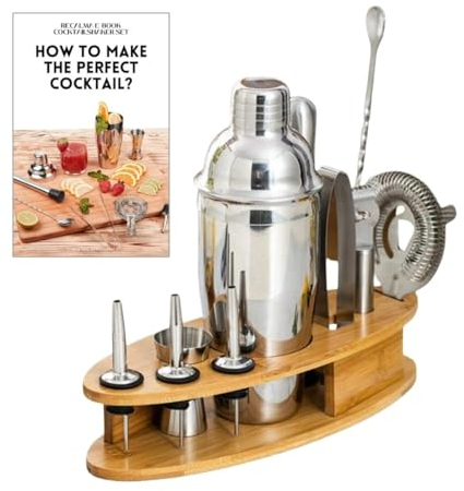 Recalma Shaker Cocktail Set Cocktail Kit, 12 Piéces INOX, Bartender Kit Set Cocktail Shaker 750 ML, avec Support en Bois, avec Jigger, Crépine, Verseur