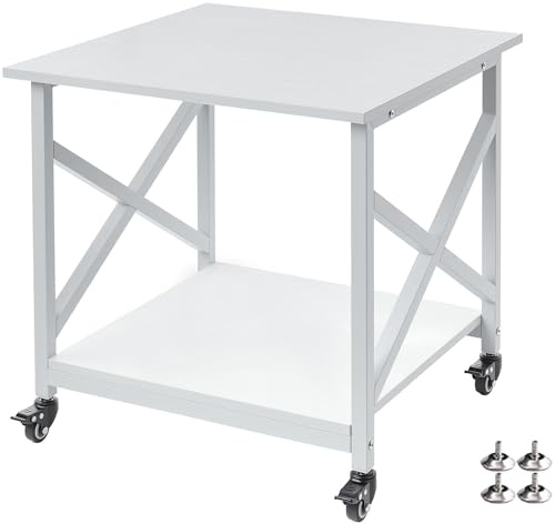Fannova 23.6 x 23.6 Inches Large Printer Stand, 2 Tier Square Printer Table with Storage Shelf for Home Office, Multi-use Rolling Cart with Wheels for Laser, 3D Printer and Mini Fridge - White