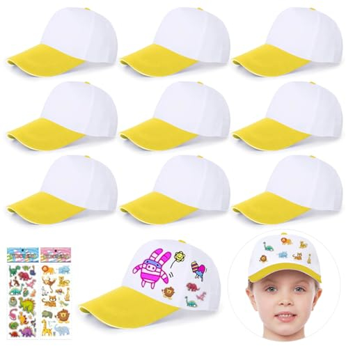 saijer DIY Kappe Kinder, 9 Stück Kinder Kappen Zum Bemalen DIY Baseballcap Kinder Baseballmütze DIY Weiße Baseballkappen Graffiti Kappe Kappe Weiß Kinder Kinder DIY Baseballkappe Mit Aufklebern