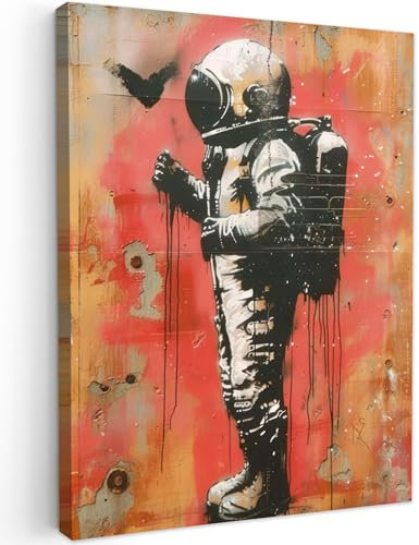 MuchoWow© Leinwand Bilder 30x40 cm Wanddeko Wohnzimmer Aesthetic Room Decor Deko Zimmer Wandbilder Modern Bild auf Leinwand Graffiti - Astronaut - Street art - Weltall - Banksy