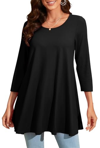 Enmain Black Tunic Tops for Women UK Long Sleeve Tops Casual Longline Ladies 3/4 Sleeves Tunics Elegant T Shirt Blouse Shirts for Leggings 5XL