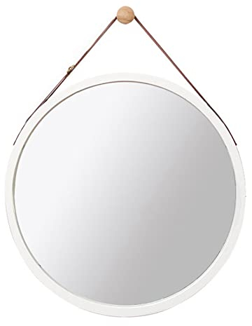 GLFNB 38 cm/45 cm dekorativer Spiegel mit PU-Lederband, runder Wandspiegel zum Aufhängen, Kosmetikspiegel, Badezimmerspiegel mit Holzrahmen, für Badezimmer, Schlafzimmer, Wohnzimmer (Farbe: Weiß,