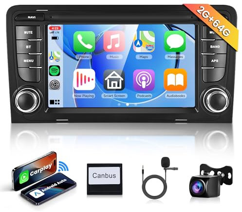 2G+64G Wireless Carplay Android 13 Autoradio 2 Din für Audi A3 S3 RS3 2003–2012 7 Zoll Touchscreen Autoradio mit Android Auto Navi GPS WiFi Mirror Link Bluetooth FM/RDS/DAB/DVR/EQ/SWC Rückfahrkamera
