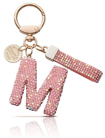 MORSUNBELA Schlüsselanhänger Buchstabe M Glitzer Geschenk Autoschlüsselanhänger Anfangsbuchstabe Strass Schlüsselanhänger mit Buchstaben Keychain Letter für Frauen Damen Mädchen Rosa