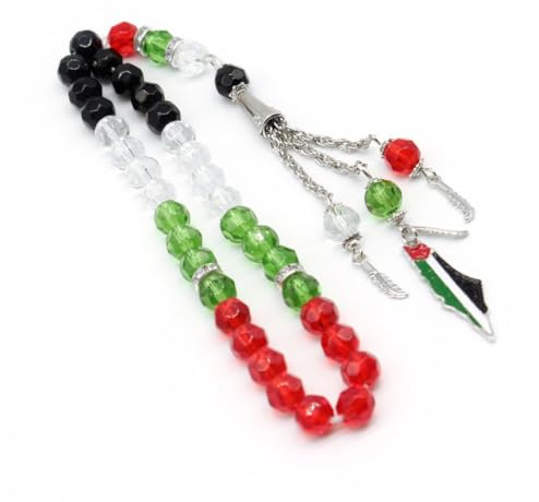 Asbih 33 10mm - Islamische Gebetskette Tasbeeh, Sibha, Muslim Mala Masbaha, Misbaha, Tesbih, Tespih, Dhikr Perlen, Gebetsperlen, Trouble Perlen, Palästina-Flagge, Farbe Kristallglas