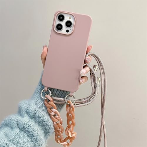 Rokmym Coque Compatible avec iPhone 16 Pro avec Cordon Collier pour Étui Colliers de cellulaire Corde Coque avec Bracelet Lanyard Antichoc en Souple Silicone TPU Bumper Coque, Rose Sable