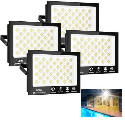 Sararoom Strahler Fluter Flutlicht Scheinwerfer - 4er 100W 156 LED, 10000LM, Kaltweiß 6500K, IP65 Wasserdichte Flutlichtstrahler Außen-Sicherheitsbeleuchtung für Garten Garage Hof Auffahrt Türen Flur