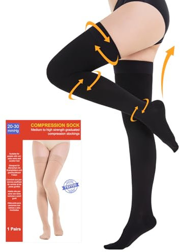 20-30 mmHg Medizinische Kompressionsstrümpfe Damen & Herren Klasse 2, Geschlossene Zehe Lang Stützstrümpfe Thrombosestrümpfe mit Silikonband für Krampfadern Ödeme Flug (Schwarz, M)