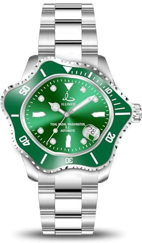 ILLIMITE Asymmetrische Automatikuhr für Herren, selbstaufziehend, mechanische Uhren, japanisches Miyota-8215-Uhrwerk, leuchtend, wasserdicht, Edelstahl, Gezeitenbecken, Grün , Einzigartig