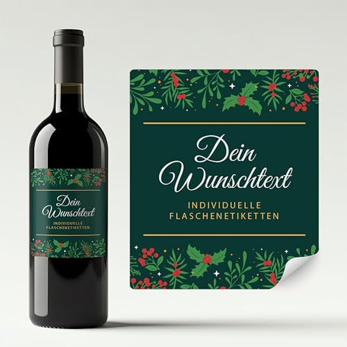 Aufkleber selbst gestalten für Weinflaschen – Flaschenetiketten Weihnachten, Silvester, Neujahr mit eigenem Text – selbstklebend, wasserfest – personalisierte Geschenke mit Namen - BEEREN GRÜN